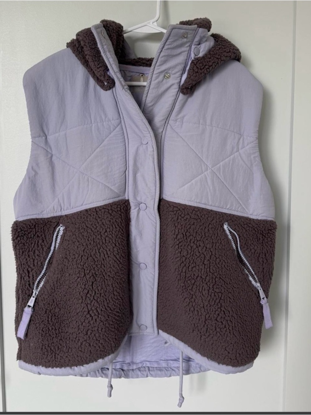 Free People Lavender and Chocolate Sherpa Quilted Hooded Vest